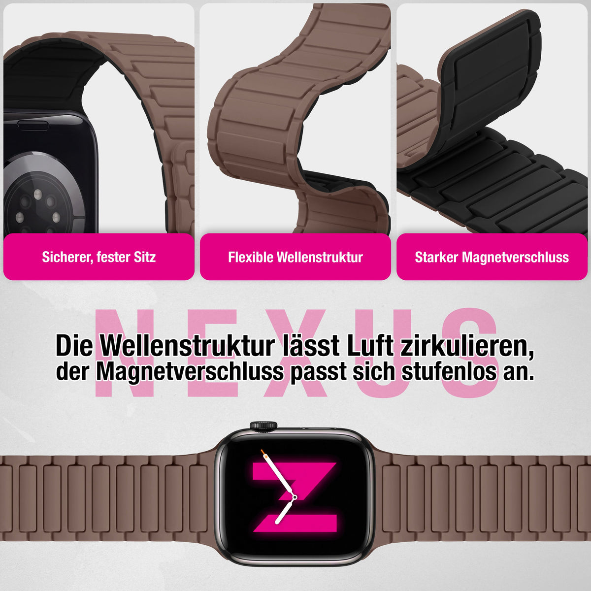 NALIA Nexus Magnet Armband kompatibel mit Apple Watch Armband Series SE/iWatch 10 9 8 7 6 5 4 3 2 1, 38/40/41/42mm, Silikon Loop mit Rillendesign, Sportarmband Magnetisch NALIA Berlin