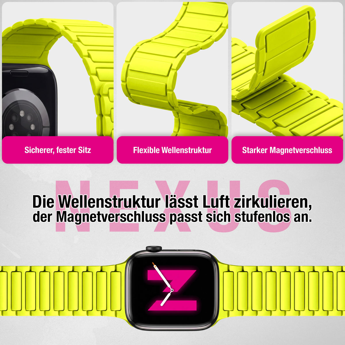 NALIA Nexus Magnet Armband kompatibel mit Apple Watch Armband Series SE/iWatch 10 9 8 7 6 5 4 3 2 1, 38/40/41/42mm, Silikon Loop mit Rillendesign, Sportarmband Magnetisch NALIA Berlin