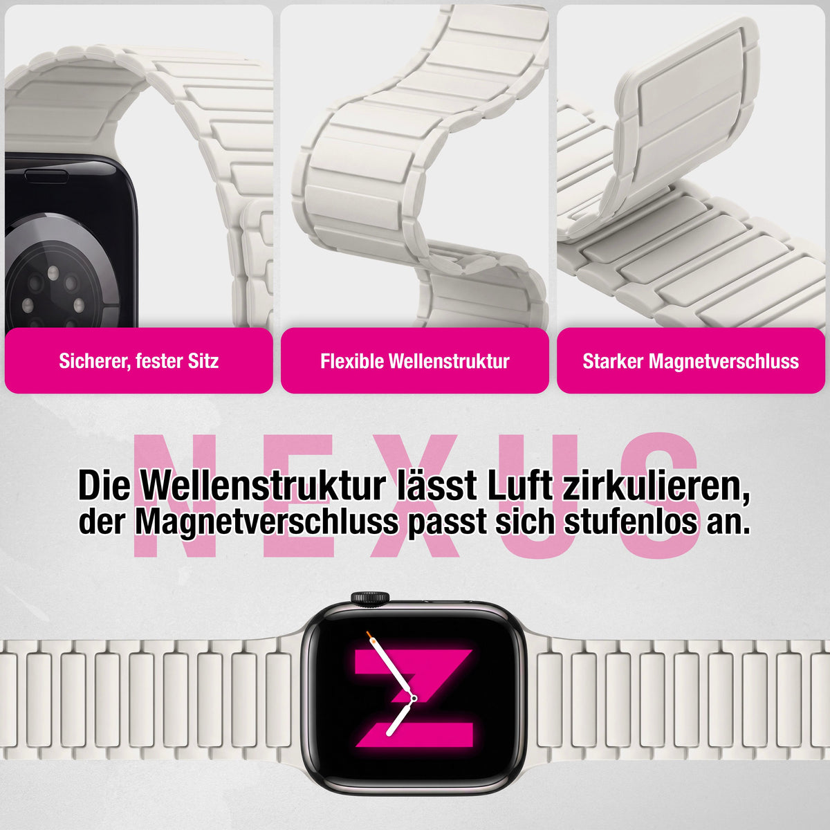 NALIA Nexus Magnet Armband kompatibel mit Apple Watch Armband Series SE/iWatch 10 9 8 7 6 5 4 3 2 1, 38/40/41/42mm, Silikon Loop mit Rillendesign, Sportarmband Magnetisch NALIA Berlin