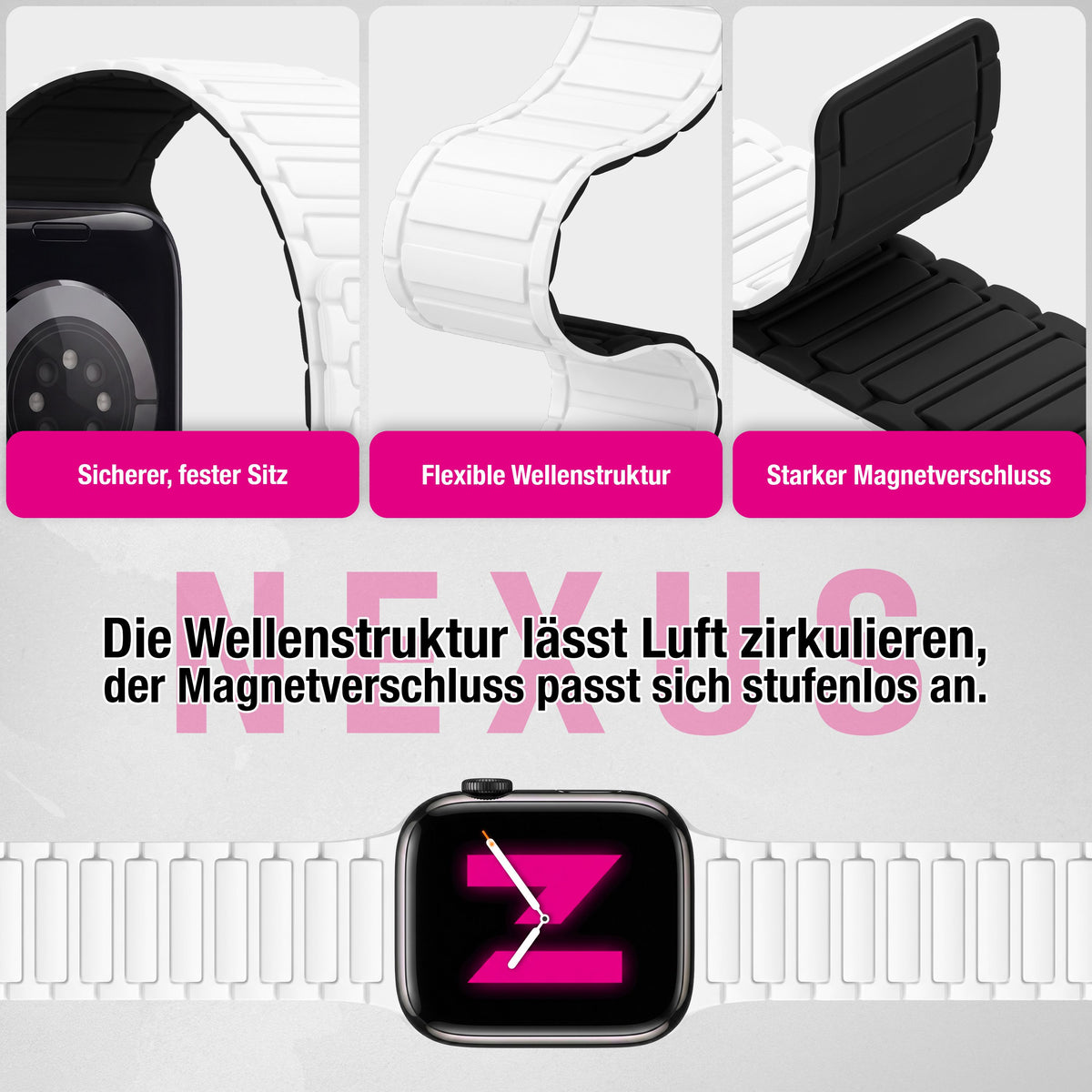 NALIA Nexus Magnet Armband kompatibel mit Apple Watch Armband Series SE/iWatch 10 9 8 7 6 5 4 3 2 1, 38/40/41/42mm, Silikon Loop mit Rillendesign, Sportarmband Magnetisch NALIA Berlin