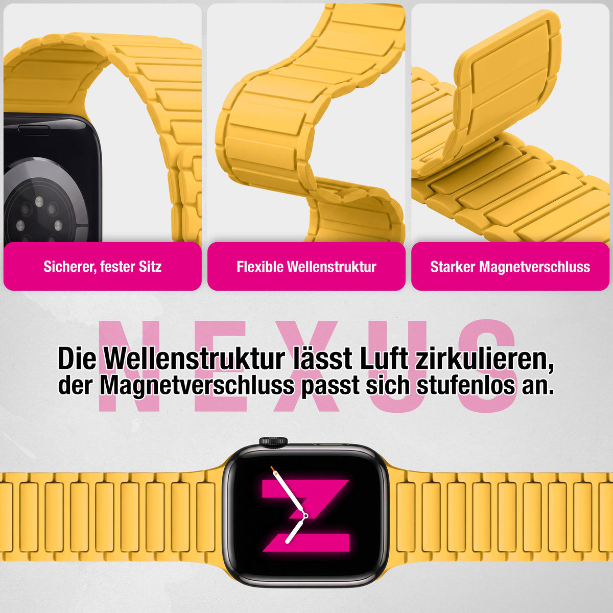 NALIA Nexus Magnet Armband kompatibel mit Apple Watch Armband Series SE/iWatch 10 9 8 7 6 5 4 3 2 1, 38/40/41/42mm, Silikon Loop mit Rillendesign, Sportarmband Magnetisch NALIA Berlin