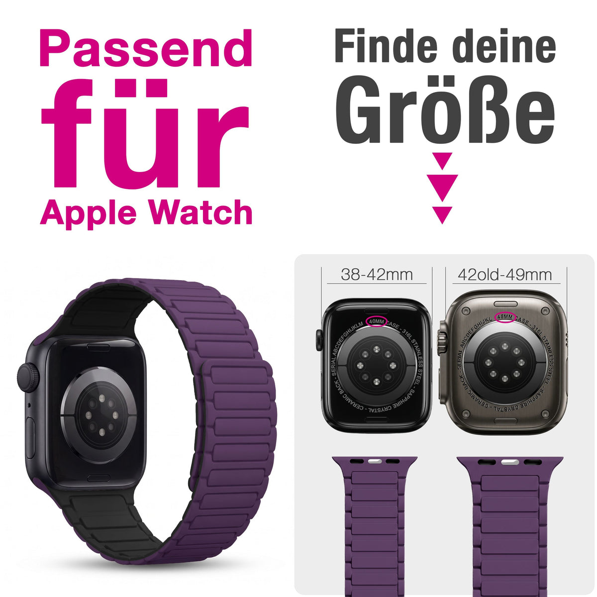 NALIA Nexus Magnet Armband kompatibel mit Apple Watch Armband Series Ultra/SE 10 9 8 7 6 5 4 3 2 1, 42/44/45/46/49mm, Silikon Loop mit Rillendesign, Sportarmband NALIA Berlin