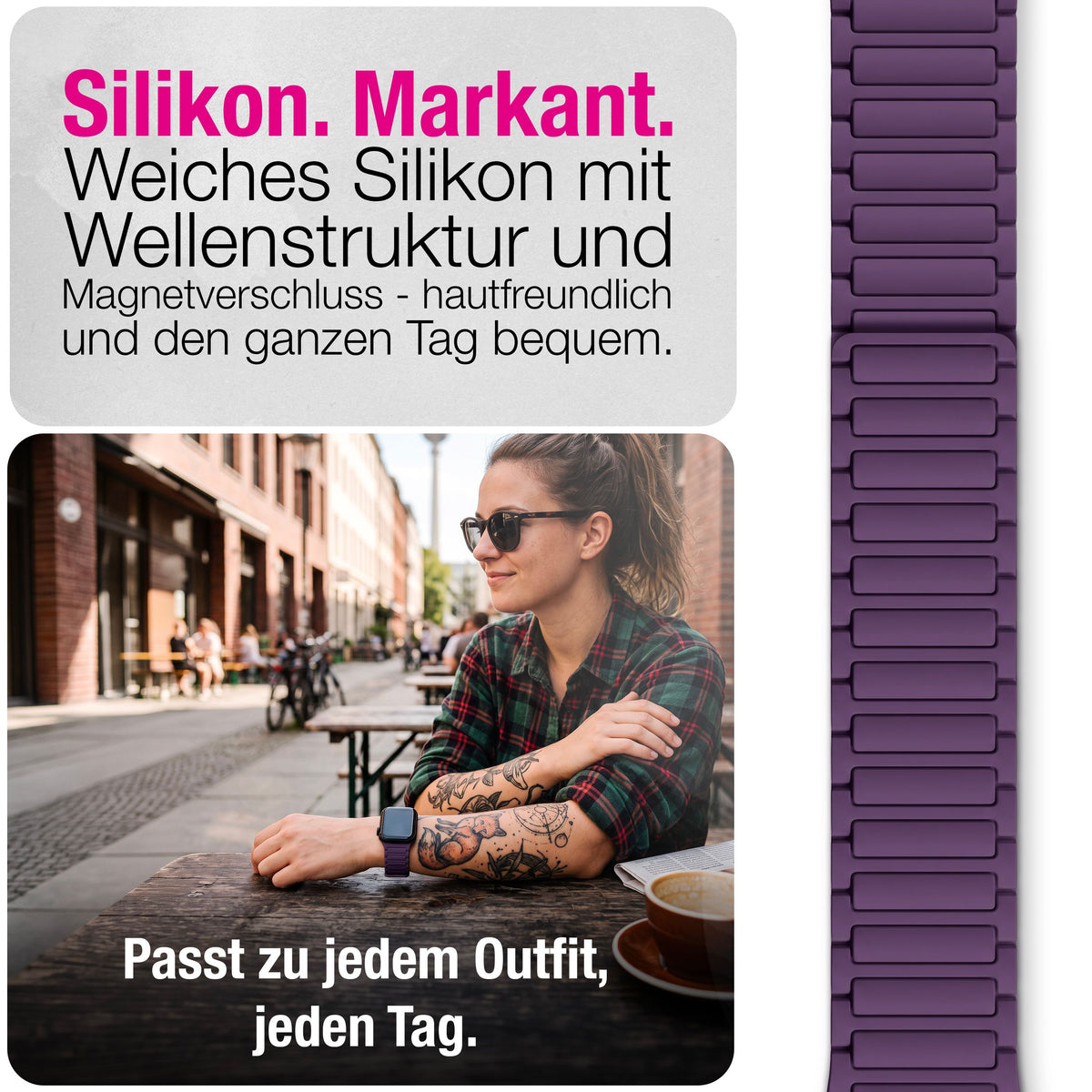 NALIA Nexus Magnet Armband kompatibel mit Apple Watch Armband Series Ultra/SE 10 9 8 7 6 5 4 3 2 1, 42/44/45/46/49mm, Silikon Loop mit Rillendesign, Sportarmband NALIA Berlin