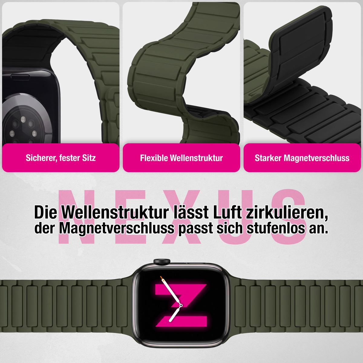 NALIA Nexus Magnet Armband kompatibel mit Apple Watch Armband Series Ultra/SE 10 9 8 7 6 5 4 3 2 1, 42/44/45/46/49mm, Silikon Loop mit Rillendesign, Sportarmband NALIA Berlin
