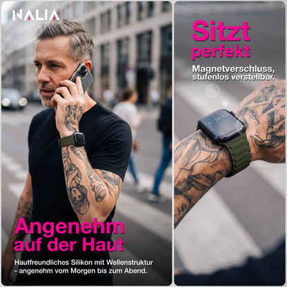 NALIA Nexus Magnet Armband kompatibel mit Apple Watch Armband Series Ultra/SE 10 9 8 7 6 5 4 3 2 1, 42/44/45/46/49mm, Silikon Loop mit Rillendesign, Sportarmband NALIA Berlin