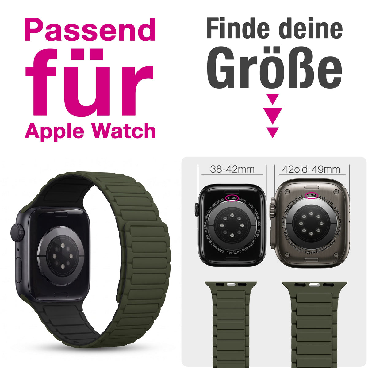 NALIA Nexus Magnet Armband kompatibel mit Apple Watch Armband Series Ultra/SE 10 9 8 7 6 5 4 3 2 1, 42/44/45/46/49mm, Silikon Loop mit Rillendesign, Sportarmband NALIA Berlin