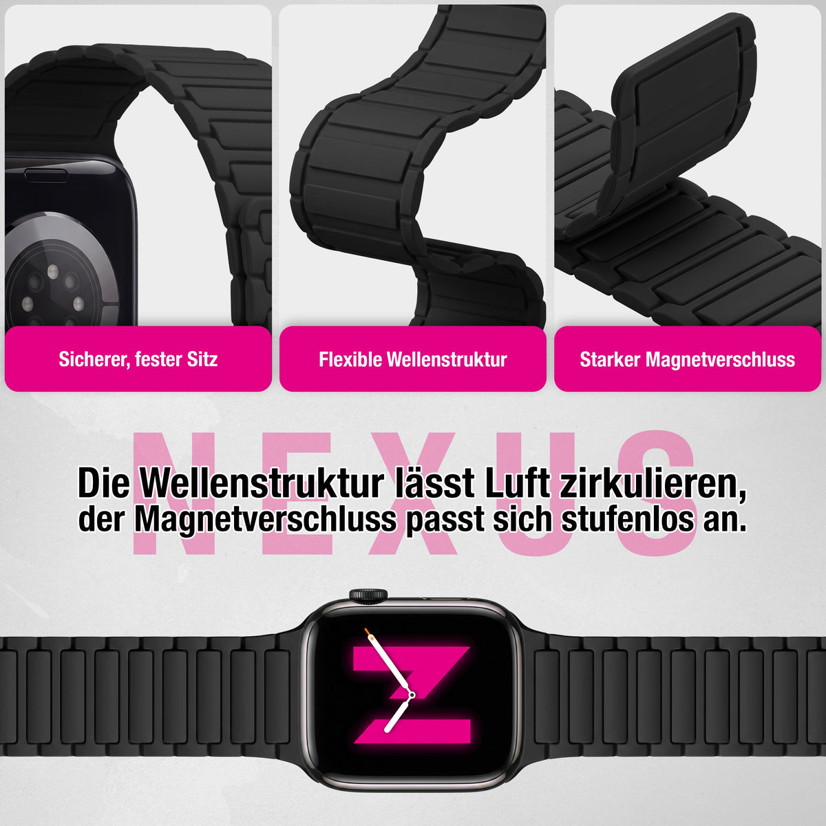 NALIA Nexus Magnet Armband kompatibel mit Apple Watch Armband Series Ultra/SE 10 9 8 7 6 5 4 3 2 1, 42/44/45/46/49mm, Silikon Loop mit Rillendesign, Sportarmband NALIA Berlin