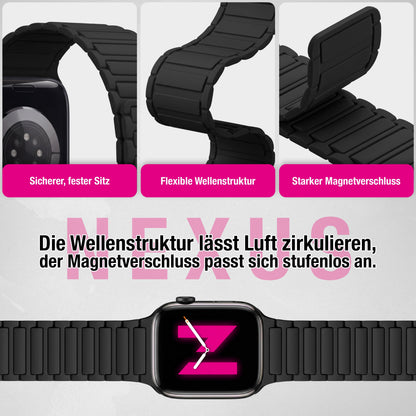 NALIA Nexus Magnet Armband kompatibel mit Apple Watch Armband Series Ultra/SE 10 9 8 7 6 5 4 3 2 1, 42/44/45/46/49mm, Silikon Loop mit Rillendesign, Sportarmband NALIA Berlin