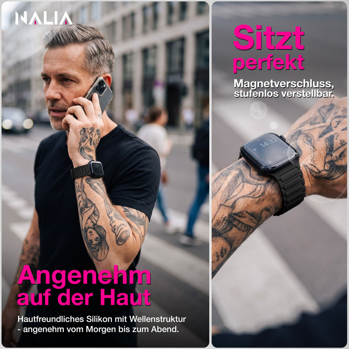 NALIA Nexus Magnet Armband kompatibel mit Apple Watch Armband Series Ultra/SE 10 9 8 7 6 5 4 3 2 1, 42/44/45/46/49mm, Silikon Loop mit Rillendesign, Sportarmband NALIA Berlin