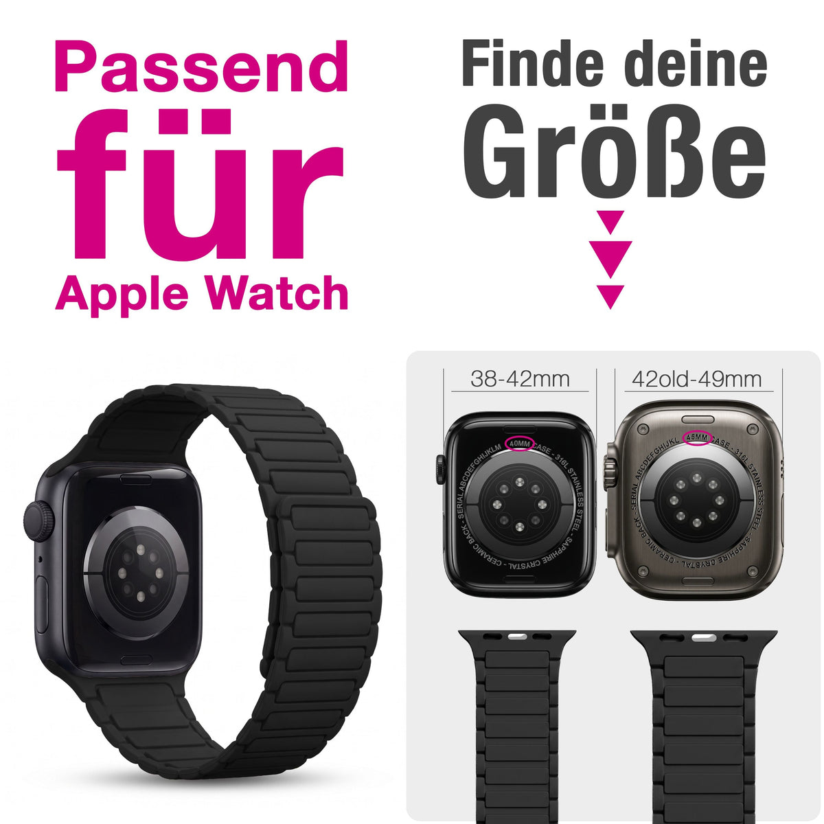 NALIA Nexus Magnet Armband kompatibel mit Apple Watch Armband Series Ultra/SE 10 9 8 7 6 5 4 3 2 1, 42/44/45/46/49mm, Silikon Loop mit Rillendesign, Sportarmband NALIA Berlin