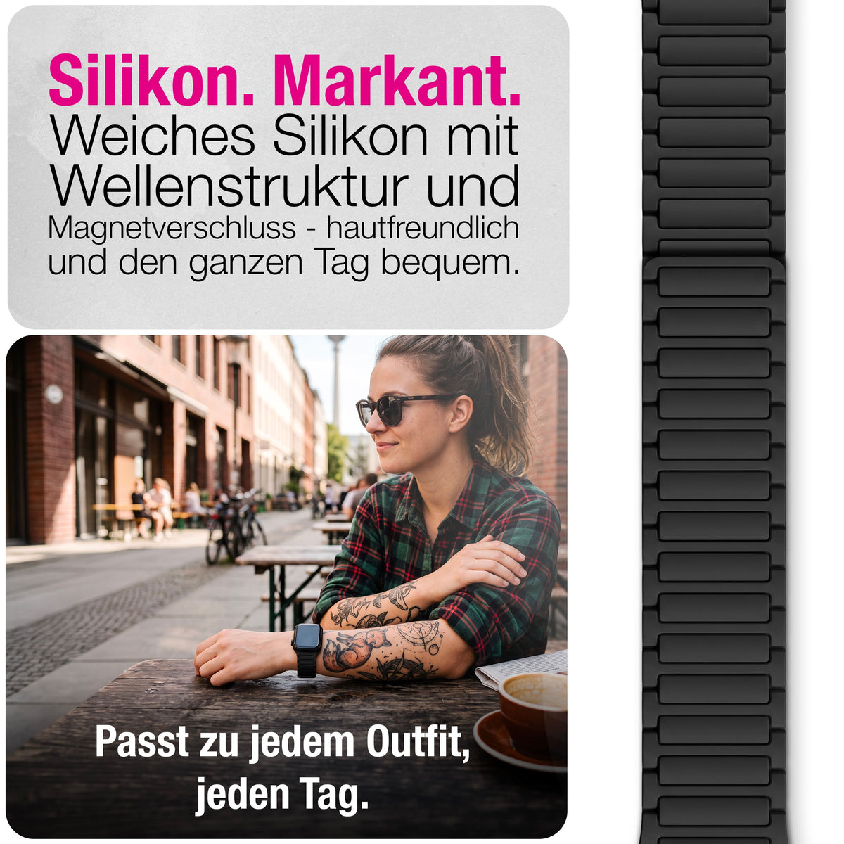NALIA Nexus Magnet Armband kompatibel mit Apple Watch Armband Series Ultra/SE 10 9 8 7 6 5 4 3 2 1, 42/44/45/46/49mm, Silikon Loop mit Rillendesign, Sportarmband NALIA Berlin