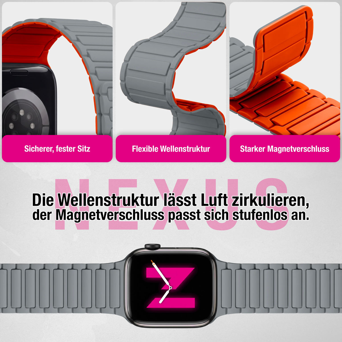 NALIA Nexus Magnet Armband kompatibel mit Apple Watch Armband Series Ultra/SE 10 9 8 7 6 5 4 3 2 1, 42/44/45/46/49mm, Silikon Loop mit Rillendesign, Sportarmband NALIA Berlin
