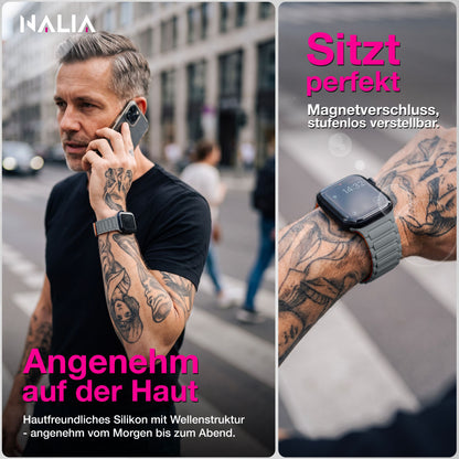 NALIA Nexus Magnet Armband kompatibel mit Apple Watch Armband Series Ultra/SE 10 9 8 7 6 5 4 3 2 1, 42/44/45/46/49mm, Silikon Loop mit Rillendesign, Sportarmband NALIA Berlin