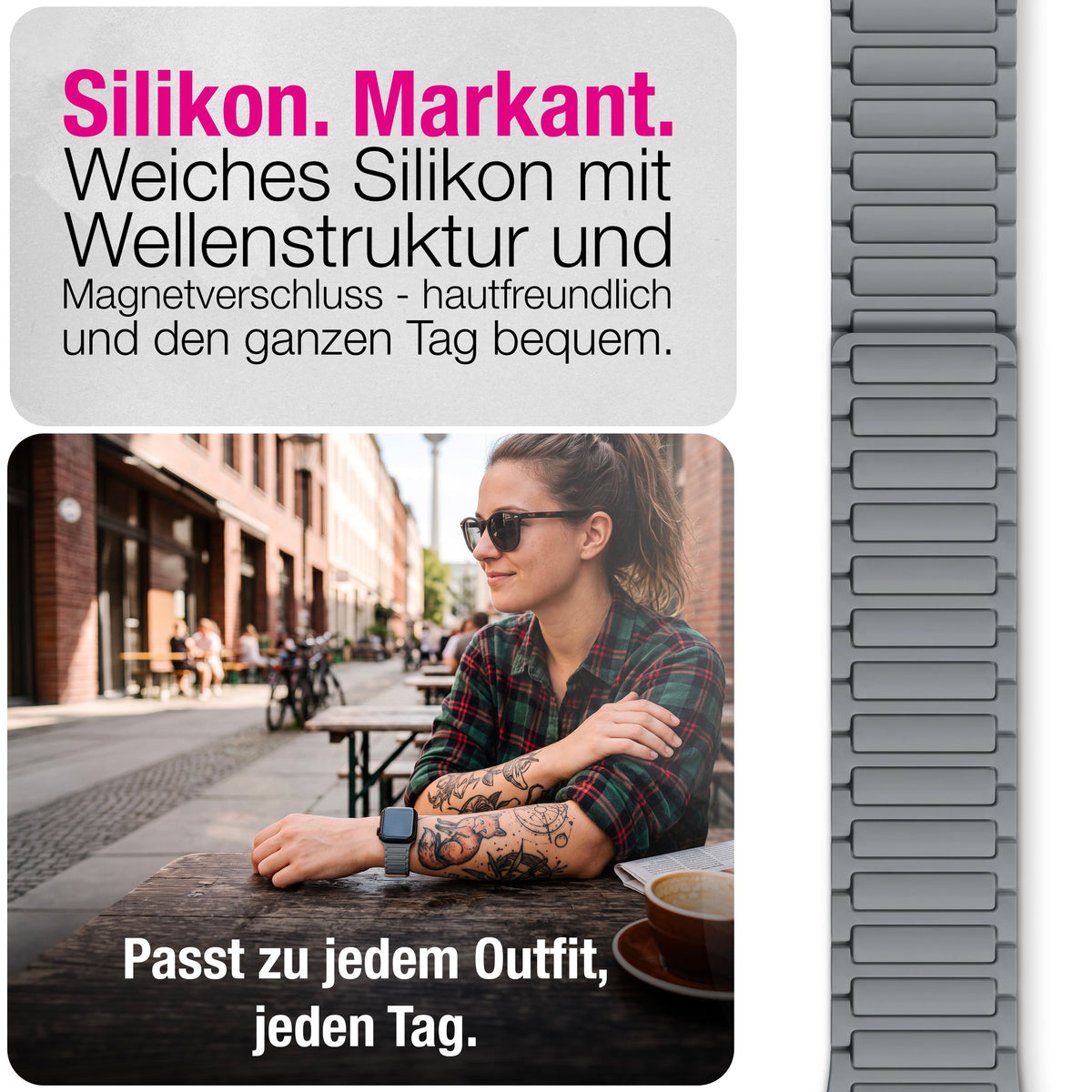 NALIA Nexus Magnet Armband kompatibel mit Apple Watch Armband Series Ultra/SE 10 9 8 7 6 5 4 3 2 1, 42/44/45/46/49mm, Silikon Loop mit Rillendesign, Sportarmband NALIA Berlin