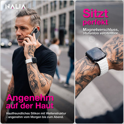 NALIA Nexus Magnet Armband kompatibel mit Apple Watch Armband Series Ultra/SE 10 9 8 7 6 5 4 3 2 1, 42/44/45/46/49mm, Silikon Loop mit Rillendesign, Sportarmband NALIA Berlin
