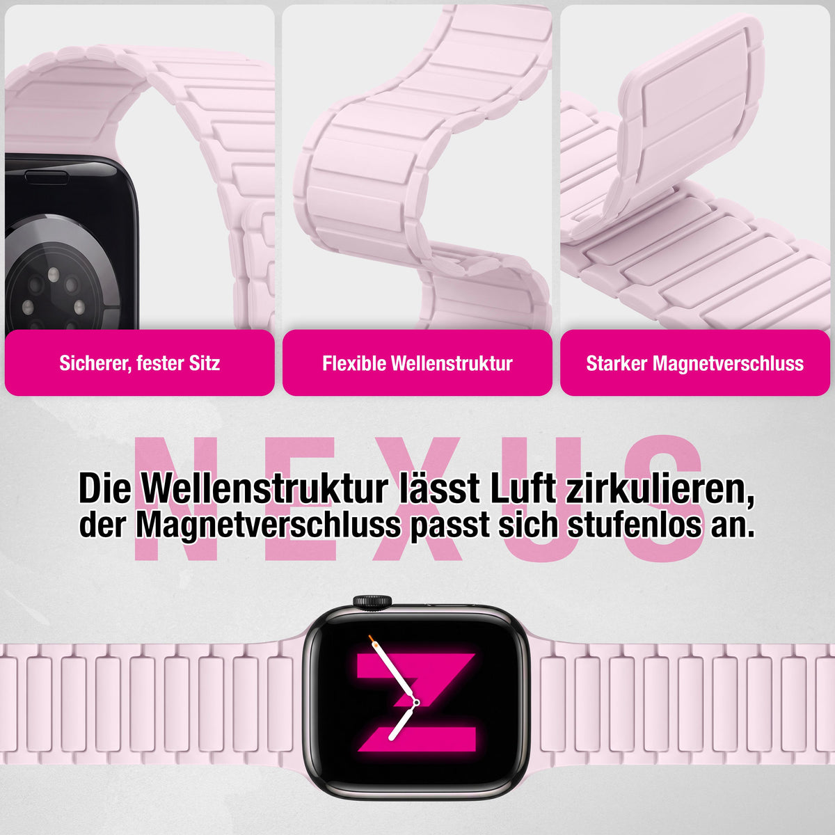 NALIA Nexus Magnet Armband kompatibel mit Apple Watch Armband Series Ultra/SE 10 9 8 7 6 5 4 3 2 1, 42/44/45/46/49mm, Silikon Loop mit Rillendesign, Sportarmband NALIA Berlin