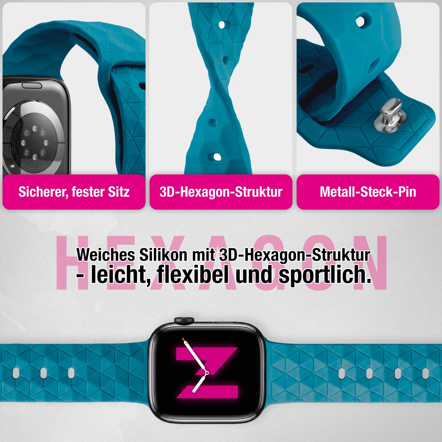 NALIA Hexion Armband kompatibel mit Apple Watch Armband Series SE/iWatch 10 9 8 7 6 5 4 3 2 1, 38/40/41/42mm, Silikon Loop mit Hexagon Design, Sportarmband Steck-Pin-Verschluss