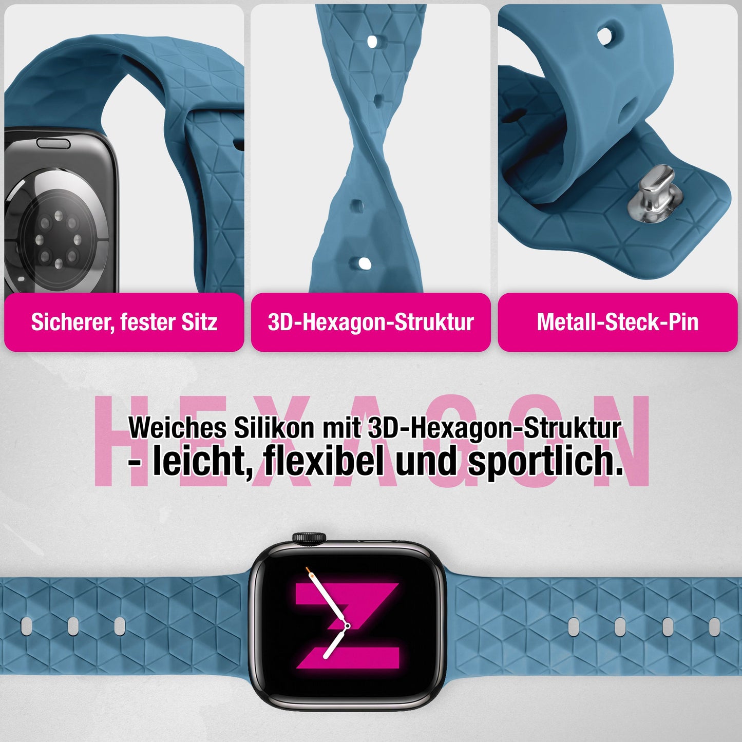 NALIA Hexion Armband kompatibel mit Apple Watch Armband Series SE/iWatch 10 9 8 7 6 5 4 3 2 1, 38/40/41/42mm, Silikon Loop mit Hexagon Design, Sportarmband Steck-Pin-Verschluss