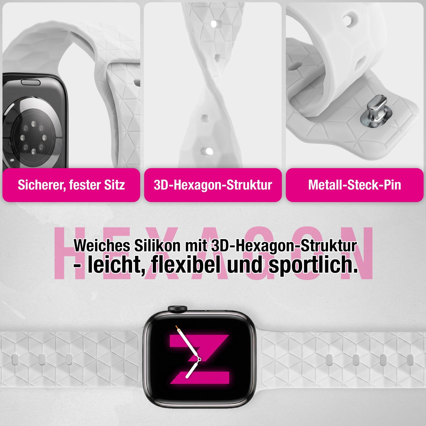 NALIA Hexion Armband kompatibel mit Apple Watch Armband Series SE/iWatch 10 9 8 7 6 5 4 3 2 1, 38/40/41/42mm, Silikon Loop mit Hexagon Design, Sportarmband Steck-Pin-Verschluss