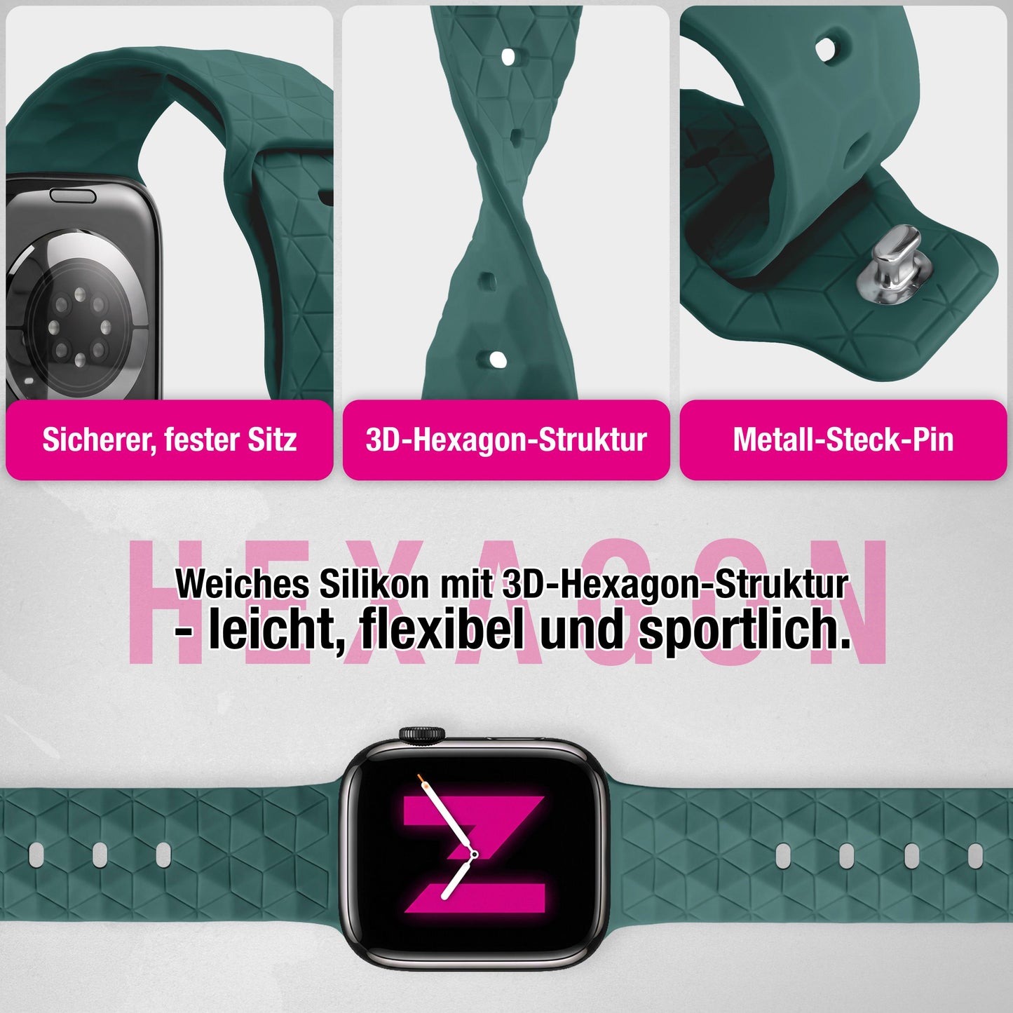 NALIA Hexion Silikon Armband kompatibel mit Apple Watch Armband iWatch Series Ultra/SE 10 9 8 7 6 5 4 3 2 1, 42/44/45/46/49mm, Watch Silikonband Sportarmband mit Steck-Pin