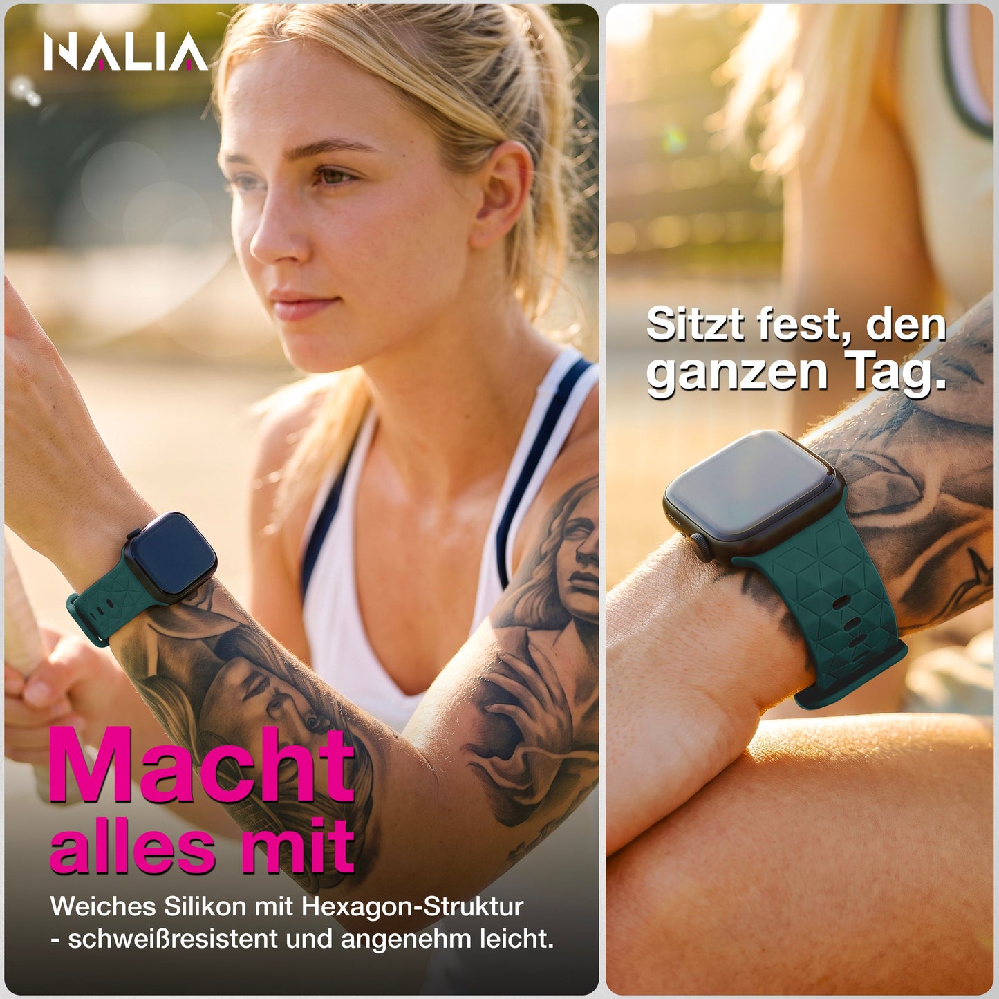 NALIA Hexion Silikon Armband kompatibel mit Apple Watch Armband iWatch Series Ultra/SE 10 9 8 7 6 5 4 3 2 1, 42/44/45/46/49mm, Watch Silikonband Sportarmband mit Steck-Pin