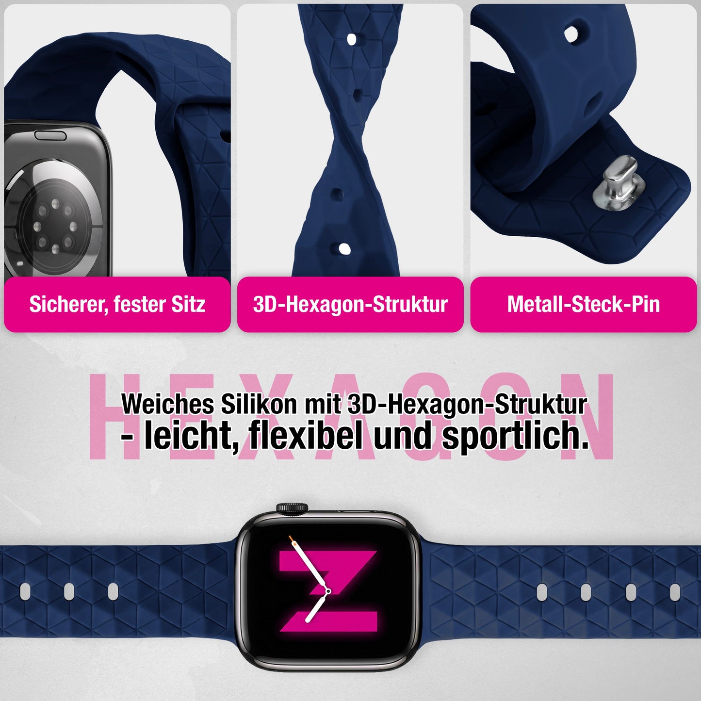 NALIA Hexion Silikon Armband kompatibel mit Apple Watch Armband iWatch Series Ultra/SE 10 9 8 7 6 5 4 3 2 1, 42/44/45/46/49mm, Watch Silikonband Sportarmband mit Steck-Pin
