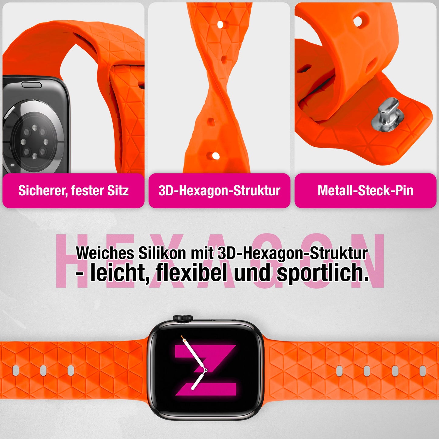 NALIA Hexion Silikon Armband kompatibel mit Apple Watch Armband iWatch Series Ultra/SE 10 9 8 7 6 5 4 3 2 1, 42/44/45/46/49mm, Watch Silikonband Sportarmband mit Steck-Pin