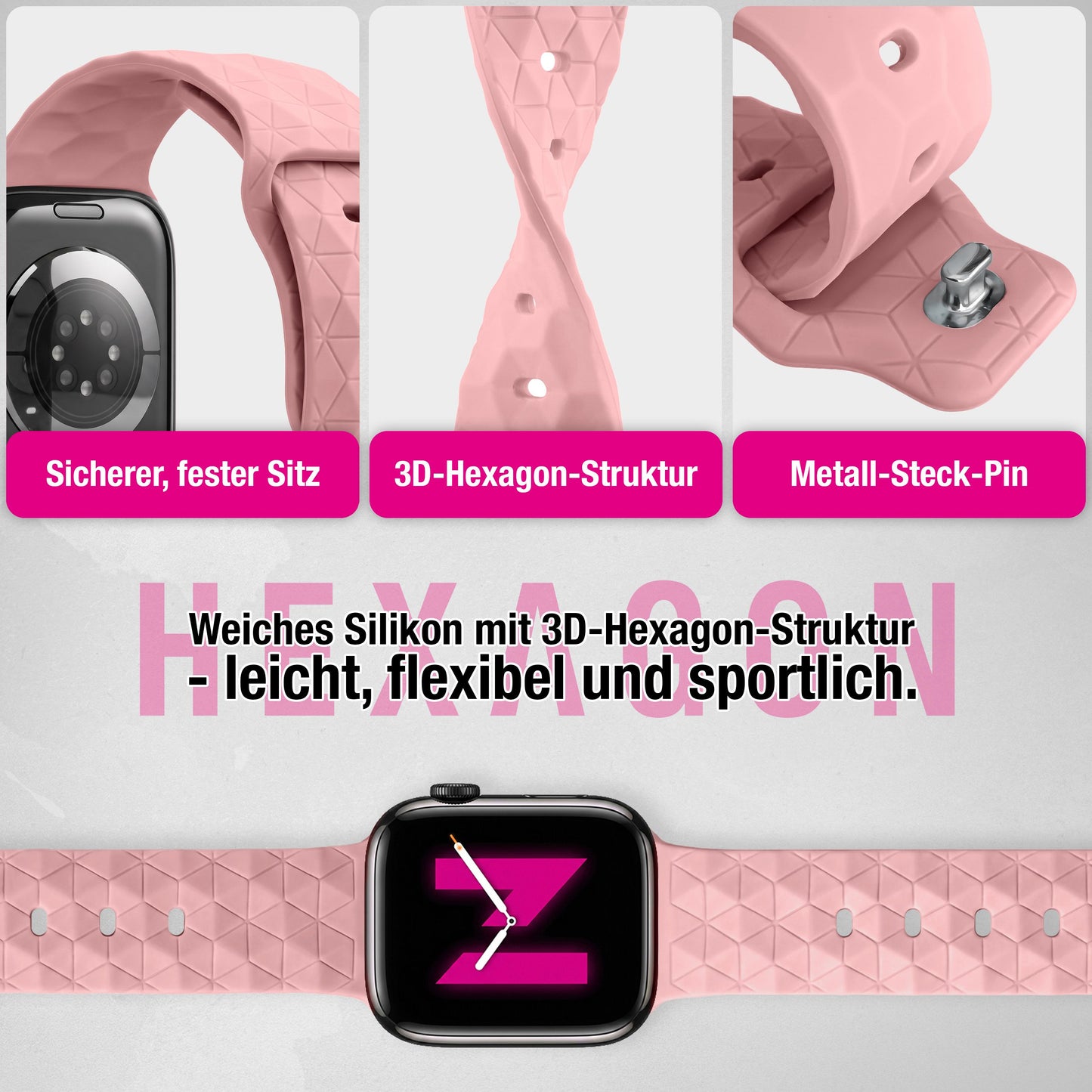 NALIA Hexion Silikon Armband kompatibel mit Apple Watch Armband iWatch Series Ultra/SE 10 9 8 7 6 5 4 3 2 1, 42/44/45/46/49mm, Watch Silikonband Sportarmband mit Steck-Pin
