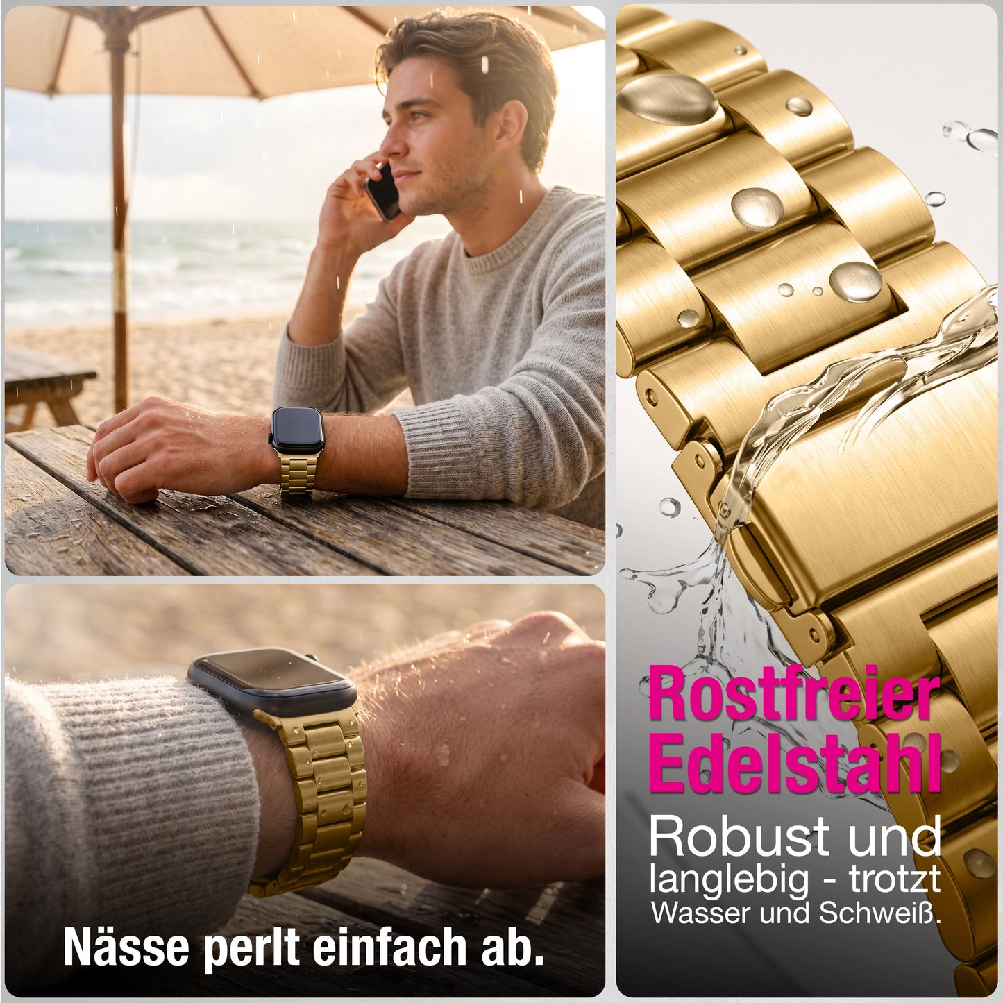 NALIA Mova Edelstahl Armband kompatibel mit Apple Watch Armband iWatch Series SE/10/9/8/7/6/5/4/3/2/1, 38/40/41/42mm, Metall Ersatzarmband mit Doppelfaltschließe, Rostfrei