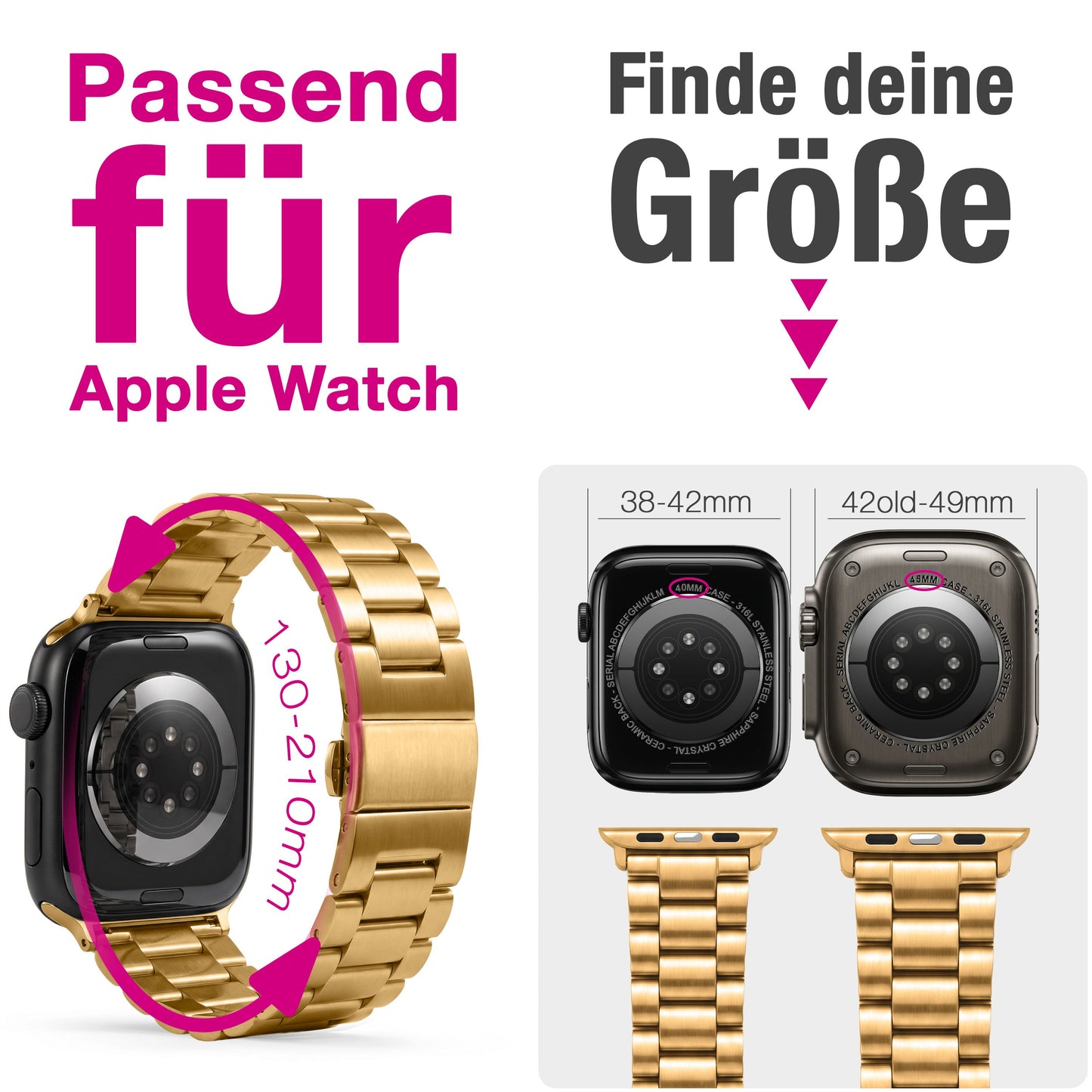 NALIA Mova Edelstahl Armband kompatibel mit Apple Watch Armband iWatch Series SE/10/9/8/7/6/5/4/3/2/1, 38/40/41/42mm, Metall Ersatzarmband mit Doppelfaltschließe, Rostfrei