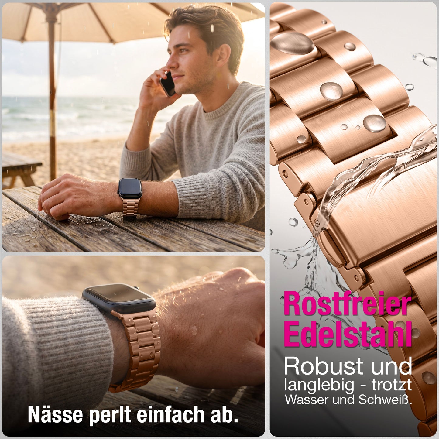 NALIA Mova Edelstahl Armband kompatibel mit Apple Watch Armband iWatch Series SE/10/9/8/7/6/5/4/3/2/1, 38/40/41/42mm, Metall Ersatzarmband mit Doppelfaltschließe, Rostfrei