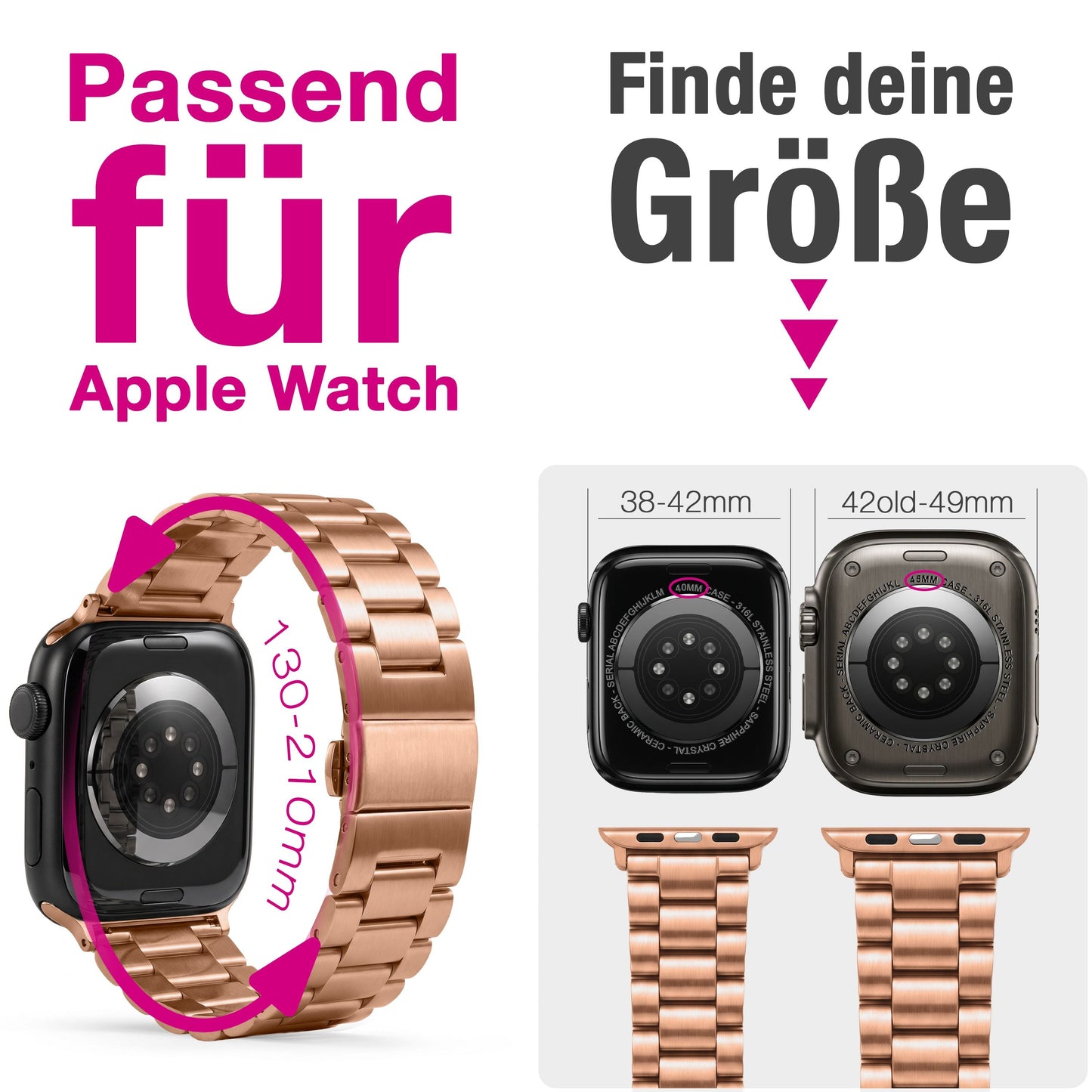 NALIA Mova Edelstahl Armband kompatibel mit Apple Watch Armband iWatch Series SE/10/9/8/7/6/5/4/3/2/1, 38/40/41/42mm, Metall Ersatzarmband mit Doppelfaltschließe, Rostfrei