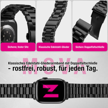 NALIA Mova Edelstahl Armband kompatibel mit Apple Watch Armband iWatch Series SE/10/9/8/7/6/5/4/3/2/1, 38/40/41/42mm, Metall Ersatzarmband mit Doppelfaltschließe, Rostfrei
