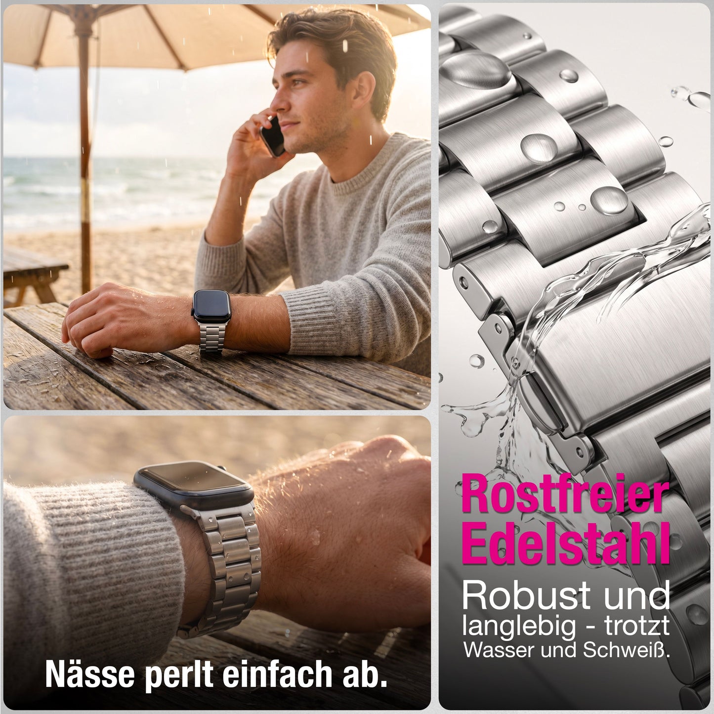 NALIA Mova Edelstahl Armband kompatibel mit Apple Watch Armband iWatch Series SE/10/9/8/7/6/5/4/3/2/1, 38/40/41/42mm, Metall Ersatzarmband mit Doppelfaltschließe, Rostfrei