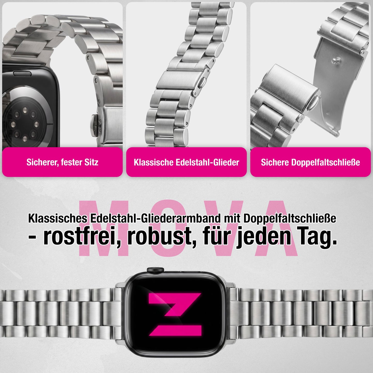 NALIA Mova Edelstahl Armband kompatibel mit Apple Watch Armband iWatch Series SE/10/9/8/7/6/5/4/3/2/1, 38/40/41/42mm, Metall Ersatzarmband mit Doppelfaltschließe, Rostfrei