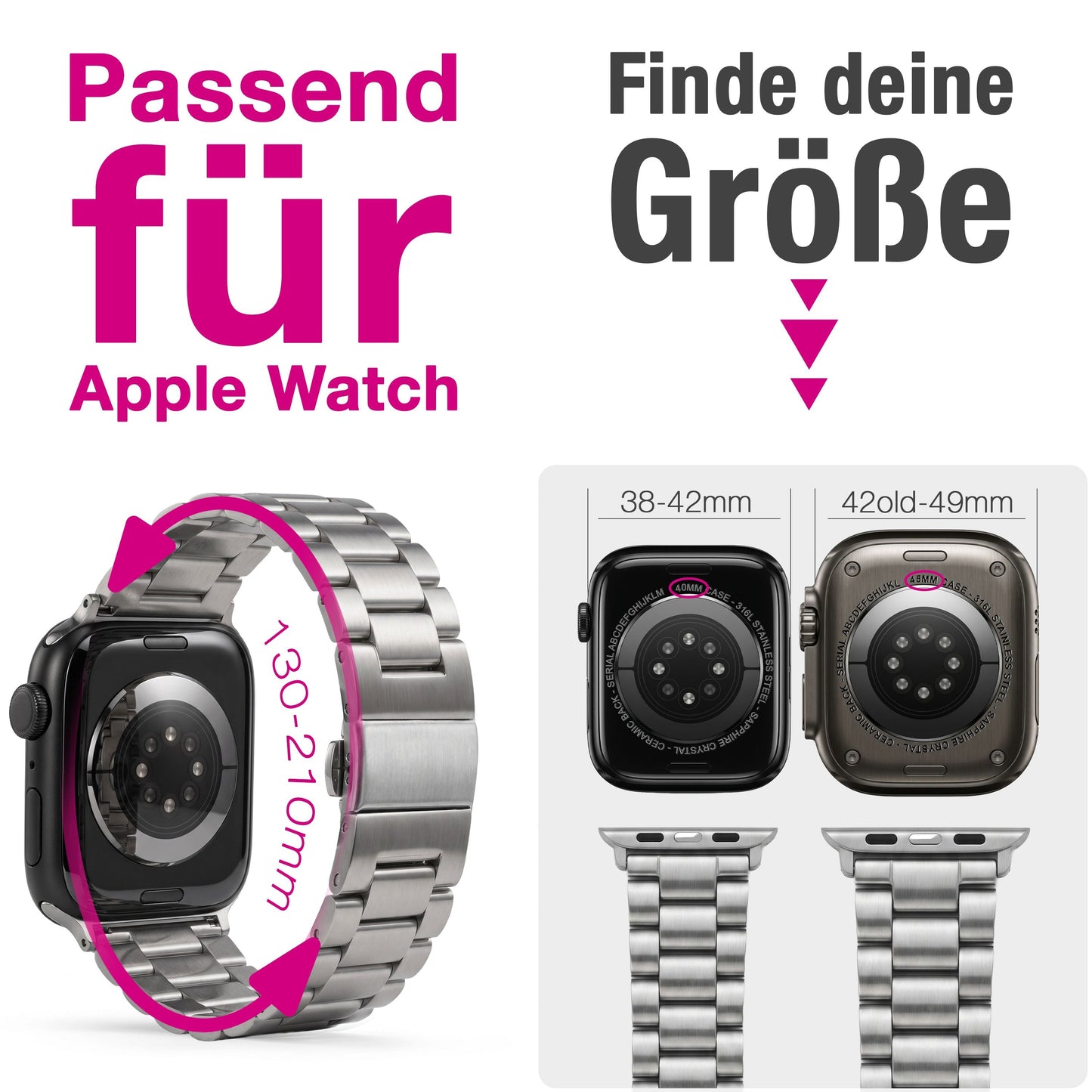 NALIA Mova Edelstahl Armband kompatibel mit Apple Watch Armband iWatch Series SE/10/9/8/7/6/5/4/3/2/1, 38/40/41/42mm, Metall Ersatzarmband mit Doppelfaltschließe, Rostfrei