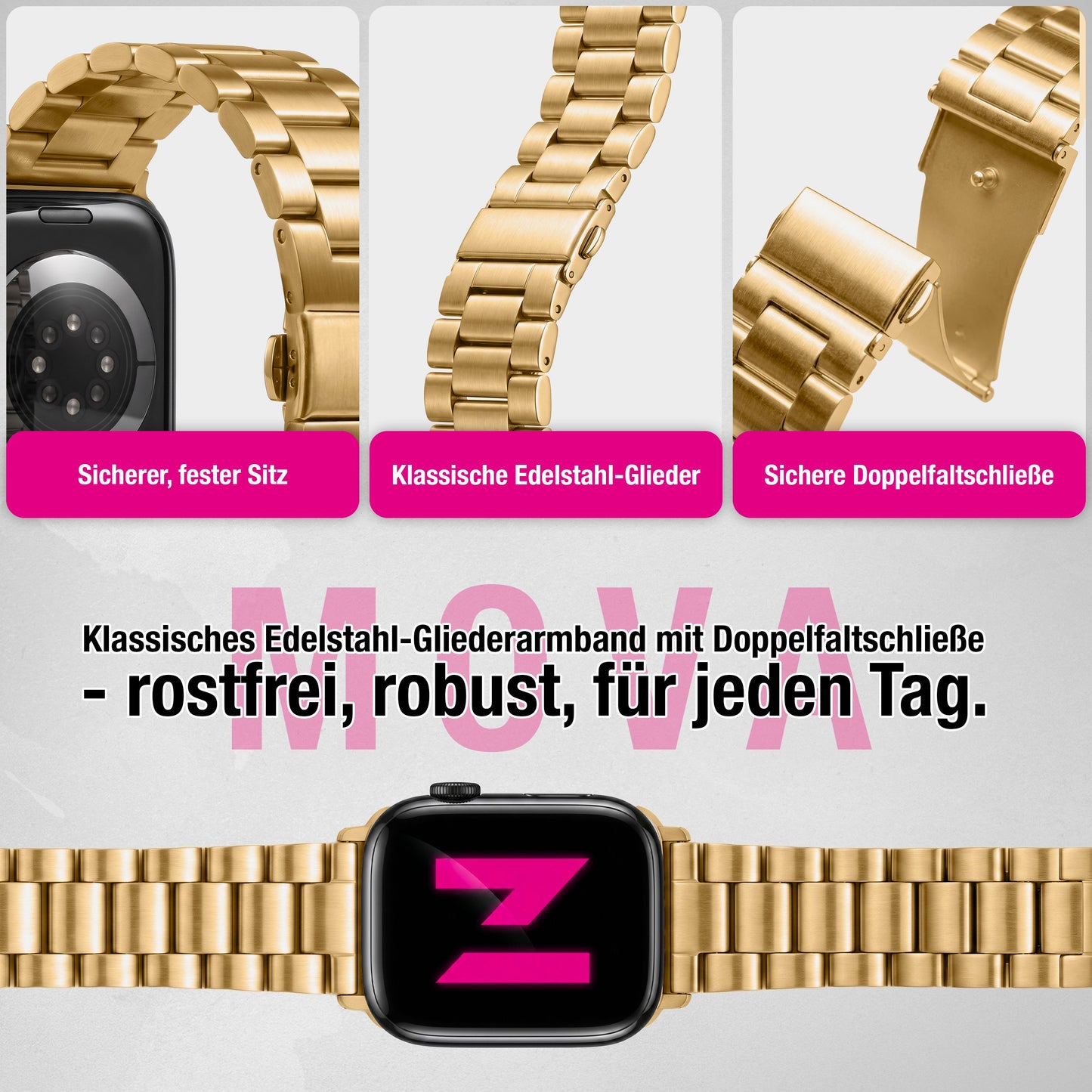 NALIA Mova Edelstahl Armband kompatibel mit Apple Watch Armband Series Ultra/SE 10/9/8/7/6/5/4/3/2/1, 42/44/45/46/49mm, Metall Ersatzarmband mit Doppelfaltschließe, Rostfrei