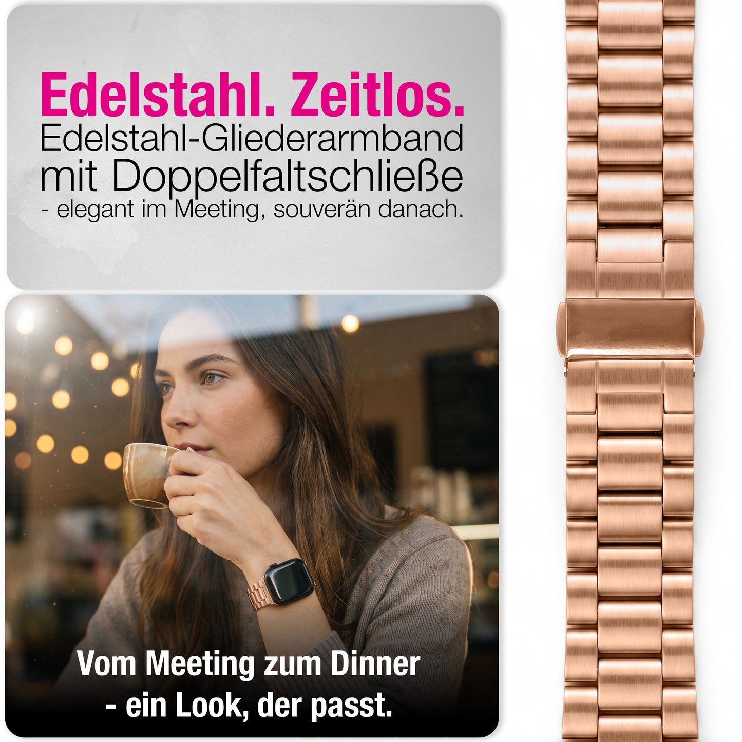 NALIA Mova Edelstahl Armband kompatibel mit Apple Watch Armband Series Ultra/SE 10/9/8/7/6/5/4/3/2/1, 42/44/45/46/49mm, Metall Ersatzarmband mit Doppelfaltschließe, Rostfrei