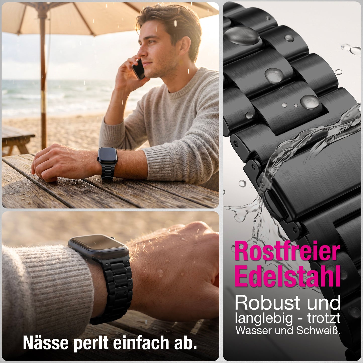 NALIA Mova Edelstahl Armband kompatibel mit Apple Watch Armband Series Ultra/SE 10/9/8/7/6/5/4/3/2/1, 42/44/45/46/49mm, Metall Ersatzarmband mit Doppelfaltschließe, Rostfrei
