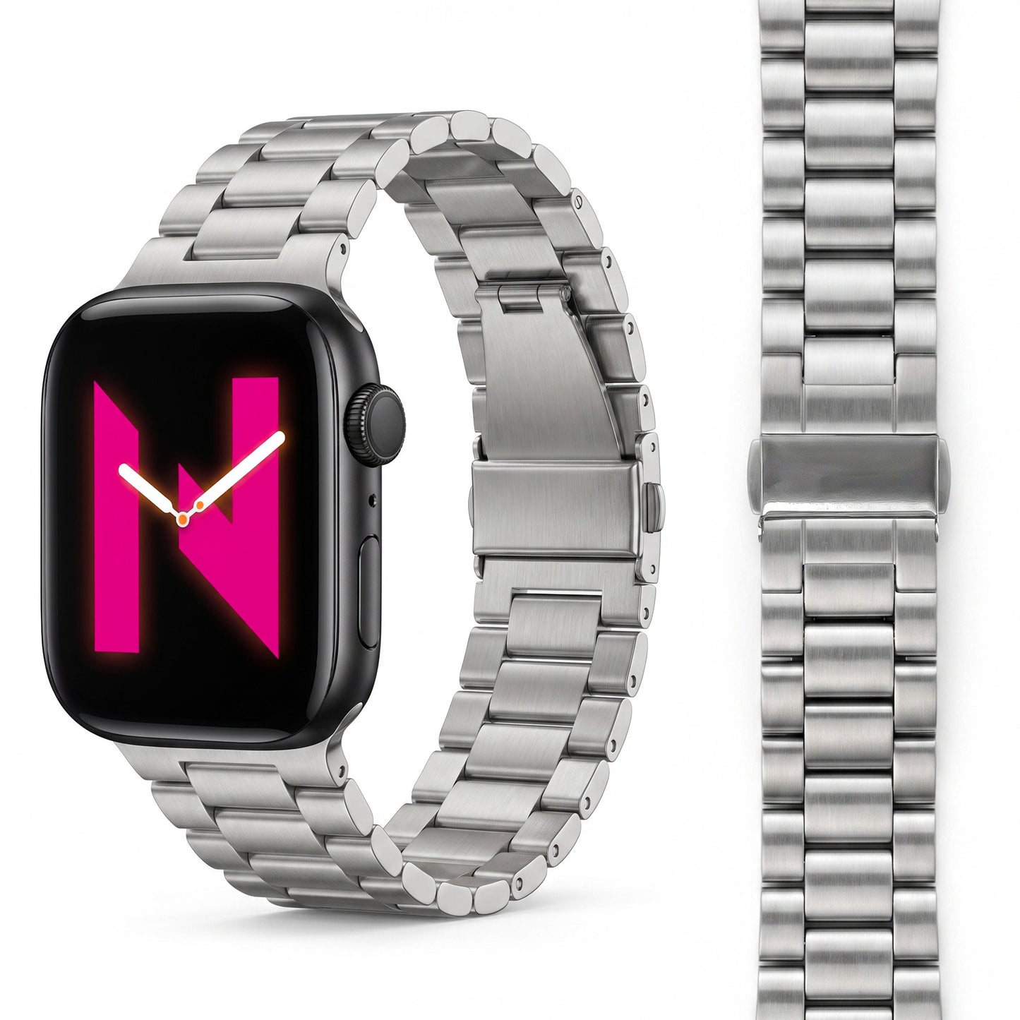 NALIA Mova Edelstahl Armband kompatibel mit Apple Watch Armband Series Ultra/SE 10/9/8/7/6/5/4/3/2/1, 42/44/45/46/49mm, Metall Ersatzarmband mit Doppelfaltschließe, Rostfrei