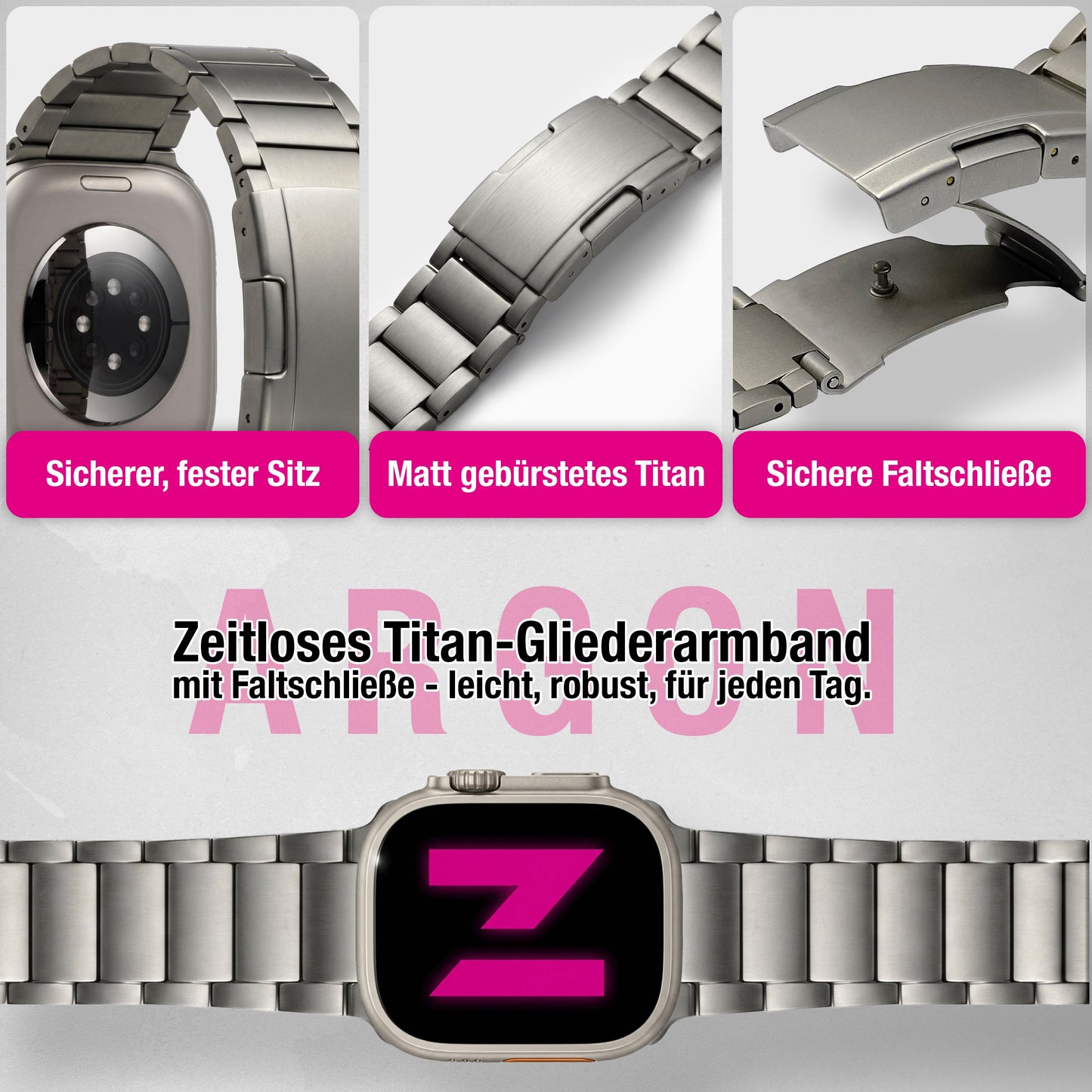 NALIA Argon Titan Armband kompatibel mit Apple iWatch Ultra/SE Series 10 9 8 7 6 5 4 3 2 1 42/44/45/46/49mm, Metall Ersatzarmband mit Doppelfaltschließe, Metallarmband Rostfrei