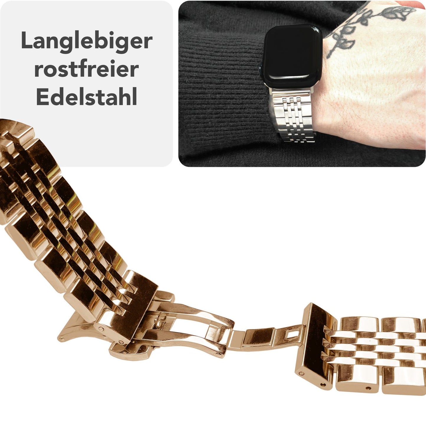 NALIA Trivo Edelstahl Armband kompatibel mit Apple Watch Armband Ultra/SE Series 10 9 8 7 6 5 4 3 2 1, 42/44/45/46/49mm, Ersatzarmband mit Schmetterlingsschließe, Rostfrei