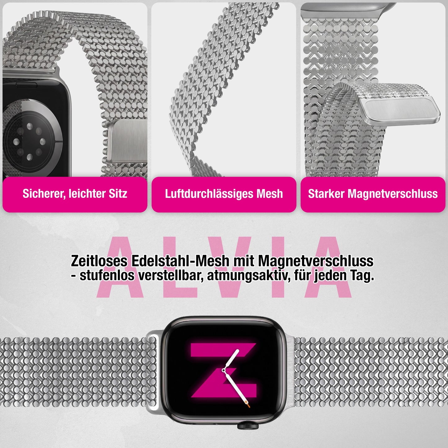 NALIA Alvia Edelstahl Armband kompatibel mit Apple Watch Armband Ultra/SE Series 10 9 8 7 6 5 4 3 2 1, 42/44/45/46/49mm, Magnetisches Metall Mesh Loop-Armband, Atmungsaktiv