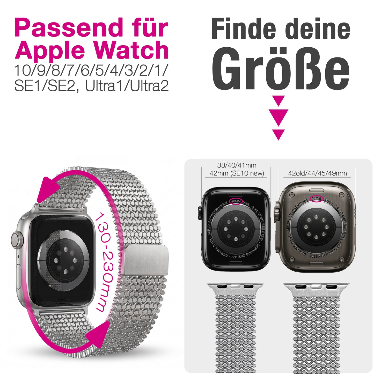 NALIA Alvia Edelstahl Armband kompatibel mit Apple Watch Armband Ultra/SE Series 10 9 8 7 6 5 4 3 2 1, 42/44/45/46/49mm, Magnetisches Metall Mesh Loop-Armband, Atmungsaktiv