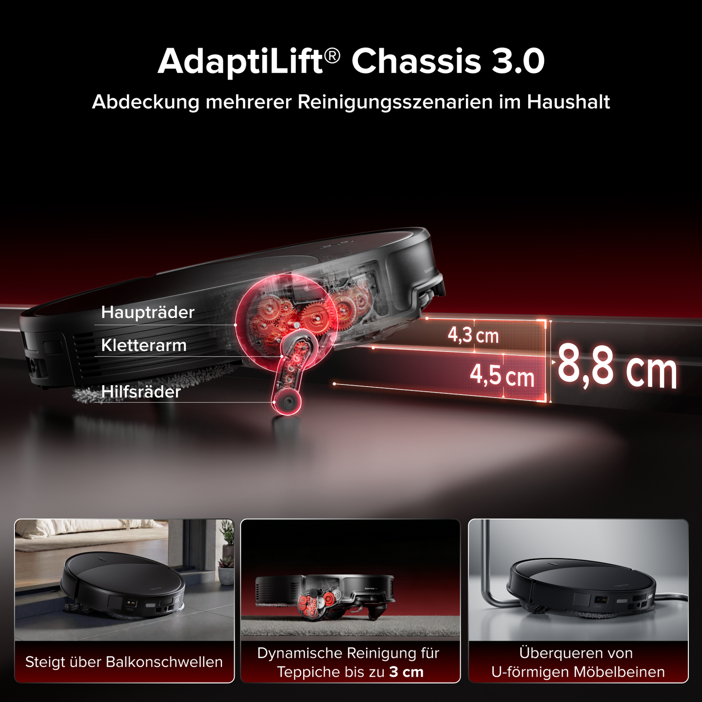 Roborock Saros 20 – AdaptiLift™ Chassis 3.0 für die reibungslose Überwindung von Schwellen, mit einer Saugkraft von 36.000 Pa
