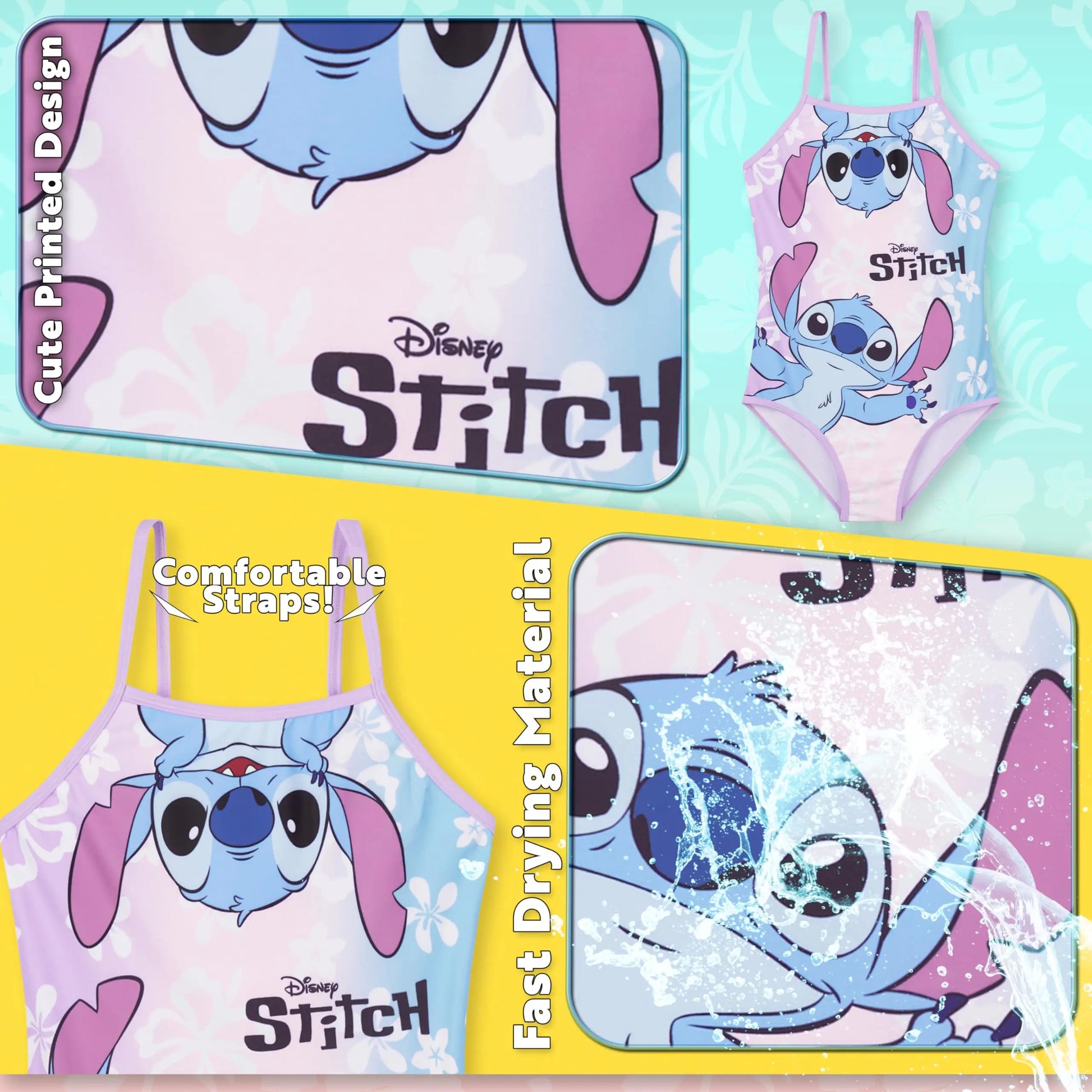 Disney Stitch mädchen badeanzug in rosa und hellblau mit verstellbaren spaghetti-trägern und niedlichem Stitch-gesicht