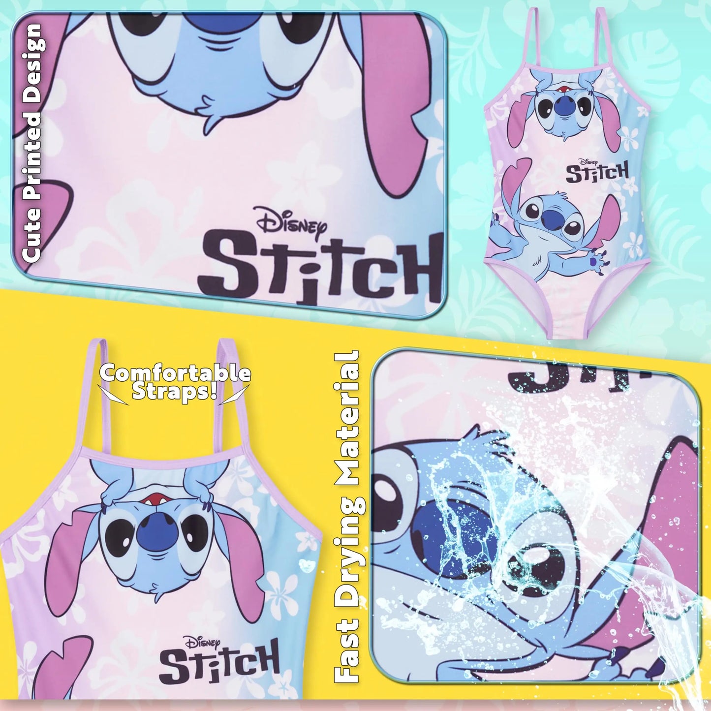 Rosa und hellblauer disney stitch mädchen badeanzug mit verstellbaren spaghetti trägern und süßem stitch gesicht print