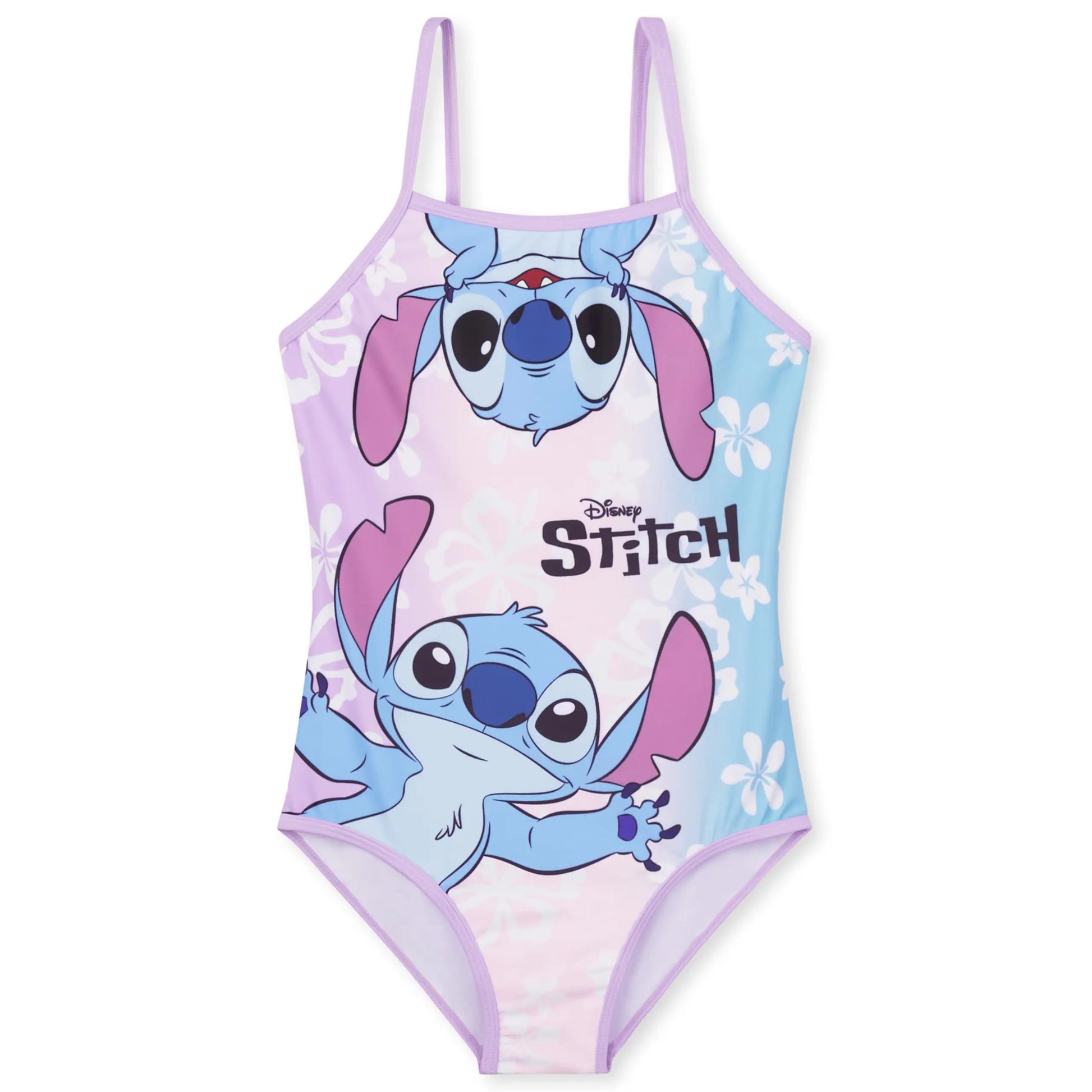 Disney stitch mädchen einteiliger badeanzug in pastellblau und rosa mit verstellbaren spaghetti-trägern und blumenmustern