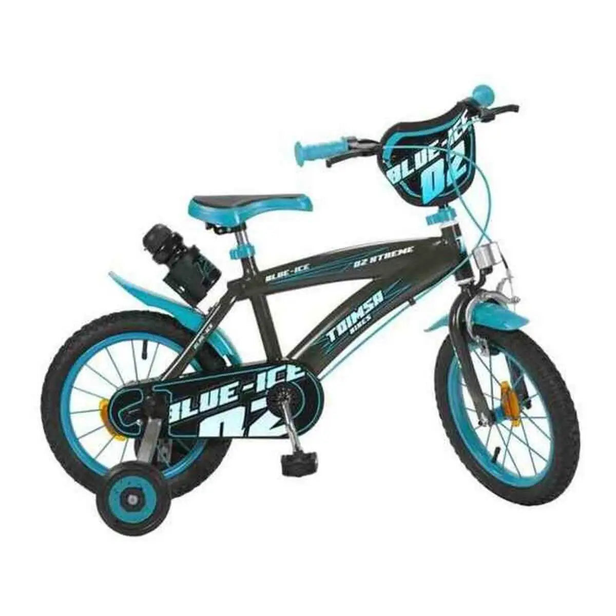 Teal und schwarze kinderfahrrad mit trainingsrädern und blue-ice 02 branding fahrrad blue ice toimsa 14 blau schwarz
