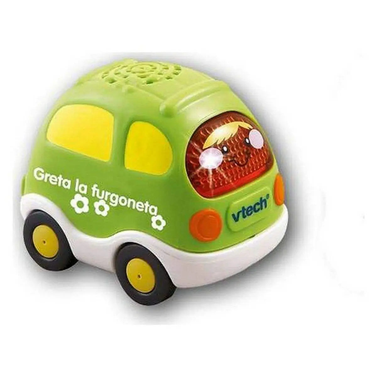 Grünes und weißes vtech tut tut fahrzeug mit gelben fenstern und licht für interaktives spielzeugauto